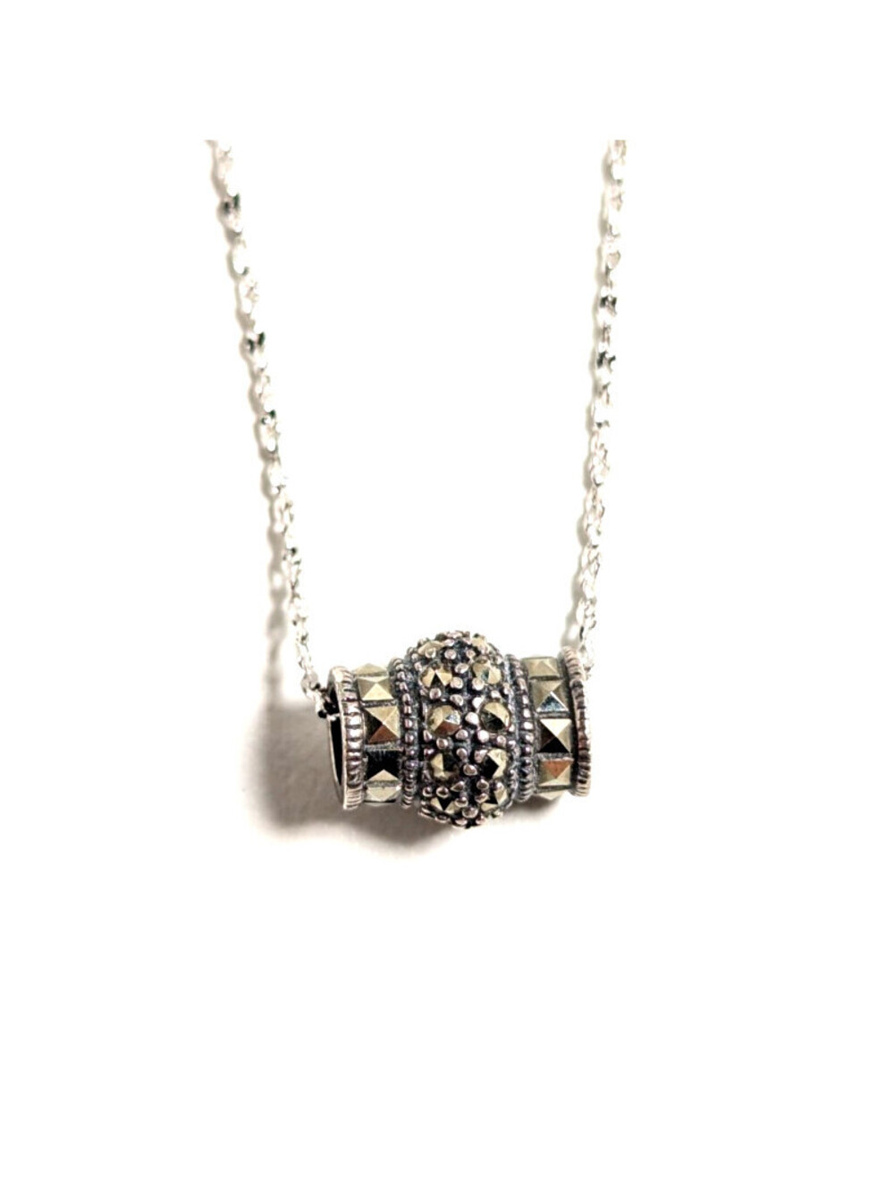 Chic Sterling Silver 925 Barrel Marcasite Stone Pendant Rope Chain Necklace 40cm